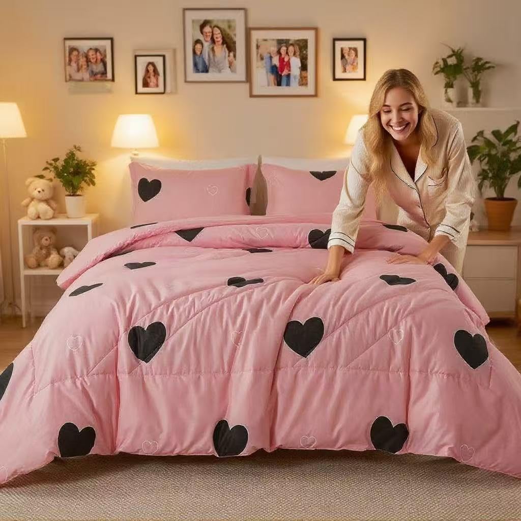 Caressma Girls Pink Comforter Set Twin Size - Blush Pink Cute Love Heart Print Comforter Bedding Set for All Seasons, Geometric Soft Microfiber Comforter Set with Pillowsham