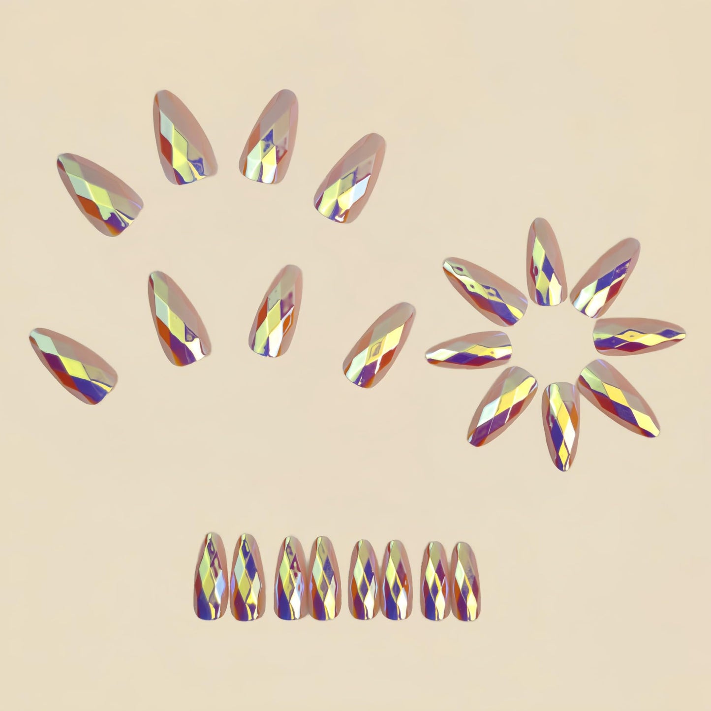 RUOKEXIN Almond Press on Nails Medium Length Fake Nails Pink False Nails with 3D Rhombus Designs Chrome Nail Press ons Sparkly Artificial Nails for Women 24Pcs