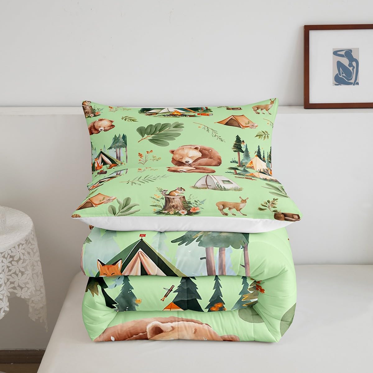 Camper Tent Comforter Set Queen Size Camping and Hunting Adventure Bedding Set,Bear Deer Squirrel Pine Tree Print Quilt Set Girls Boys Adults Room Decor,Wild Animals Plants Duvet Insert,2 Pillowcases