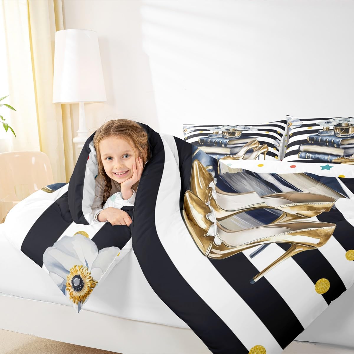 Erosebridal Fashion Comforter King Size for Girls Teens Women Black White Stripes Bedding Set Blue Gold Floral & Oil Painting Book Modern Duvet Insert Perfume High Heels Bed Sets