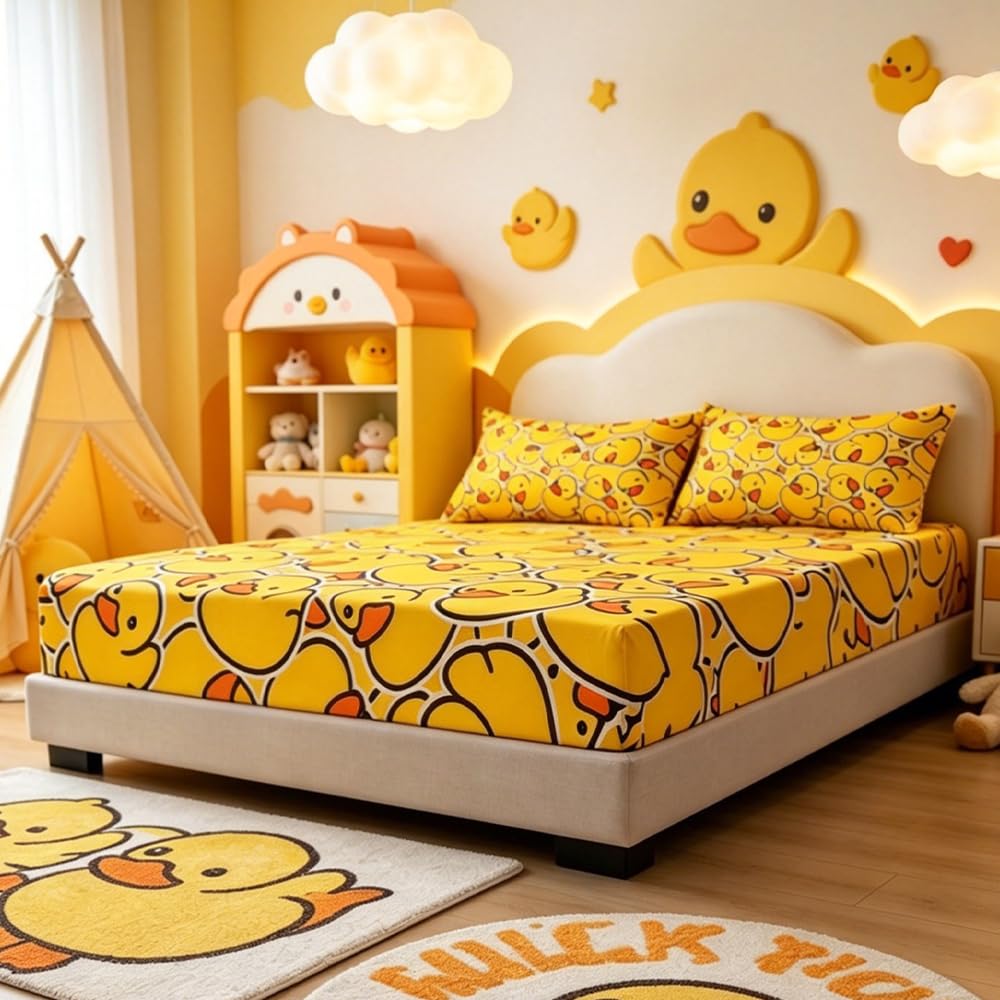 ARIGHTEX Twin Fitted Sheet for Kids Soft Yellow Rubber Duck Bed Sheet with 2 Pillowcases All-Round Deep Pocket 3 Pieces Microfiber Breathable Twin Duck Sheet Set for Boys Girls (Without Flat Sheet)
