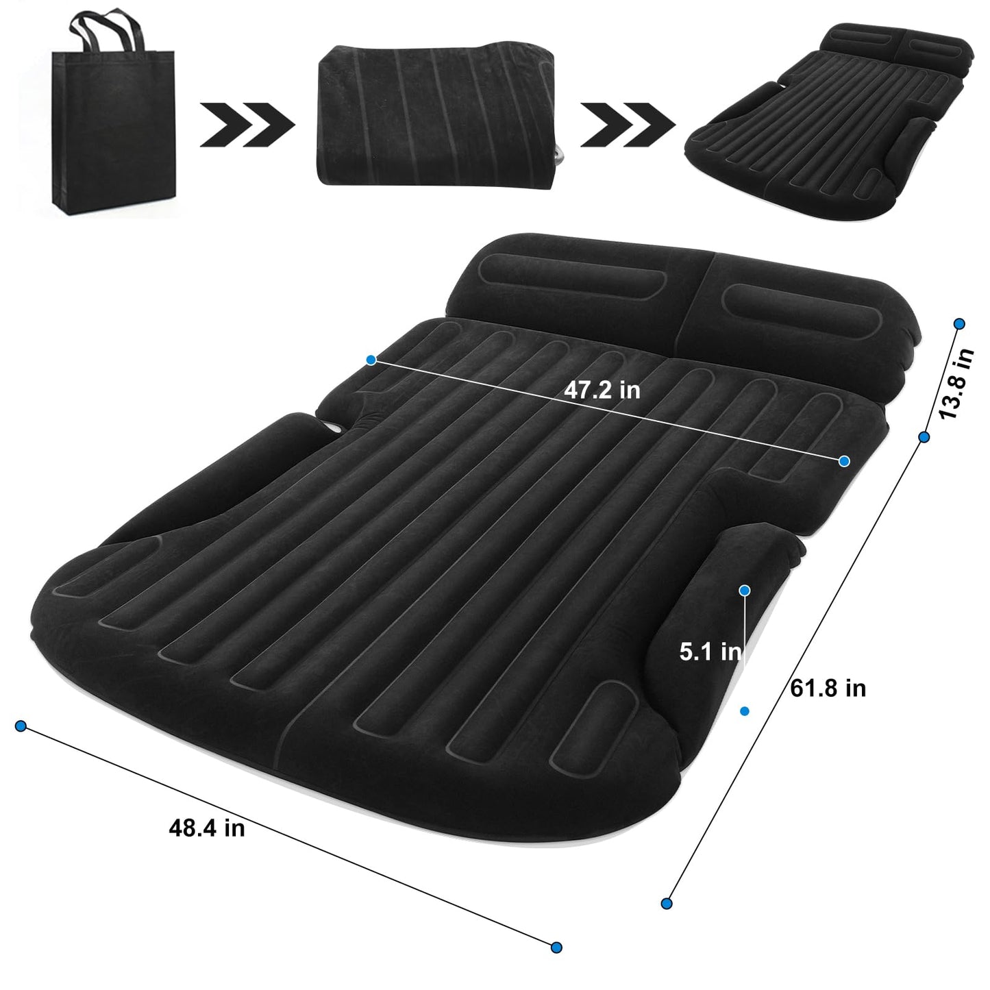 KMZ SUV Air Mattress with Electric Pump, Thick Double-Sided Flocked Camping Bed, Includes 2 Pillows & 2 Window Screens, Inflatable Travel Mattress for SUV Trunk and Rear Seat – Black