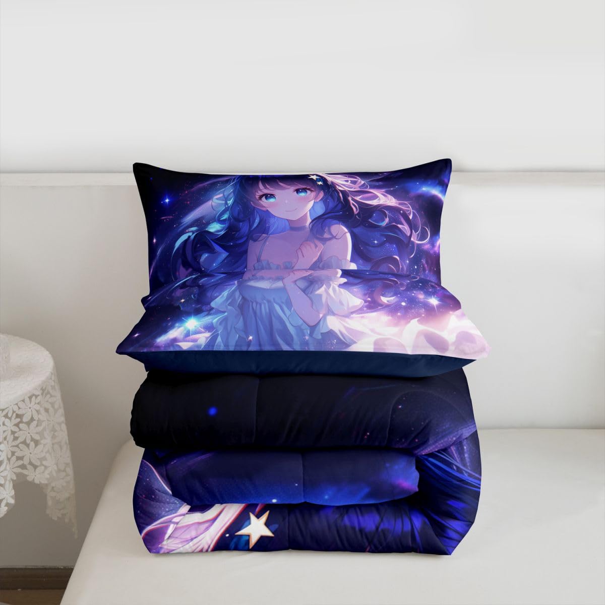 Erosebridal Anime Girls Bedding Anime Gifts Comforter Set for Kids Purple 3D Galaxy Printing Bedding Sets, Cartoon Long Curly Hair Girly Printed Comforter Kids Kawaii Japanese Girl Bed Set, Twin