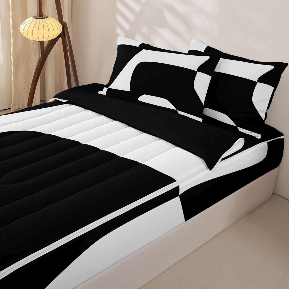 Erosebridal Black and White Abstract Zippered Comforter Set Boho Geometric Striped Zipper Bedding Set Twin Size Minimalist Modern Art Bed in a Bag Simple Aesthetic Modern Comforter with Sheets