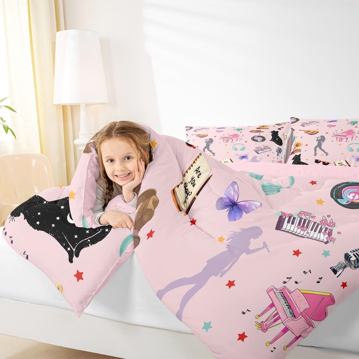 Erosebridal White Pink Bedding Set Full Size Fashion Music Themed Comforter Set Disco Ball Piano Down Comforter for Women Girls Butterfly Cat Animals Duvet Insert Modern Style Decor