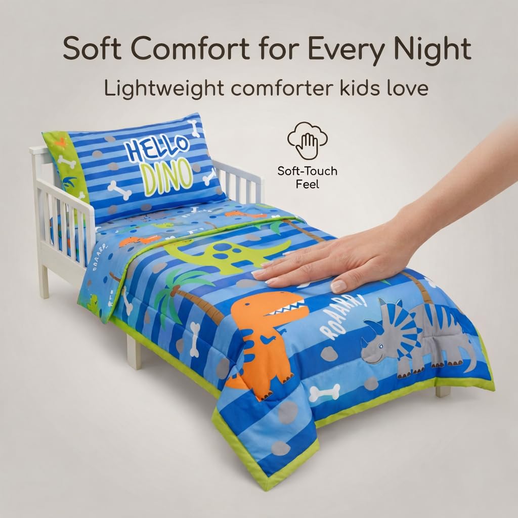 EVERYDAY KIDS 4 Piece Toddler Bedding Set – Roaring Dinosaurs - Includes Comforter, Flat Sheet, Fitted Sheet and Reversible Pillowcase – Boys Toddler Bedding