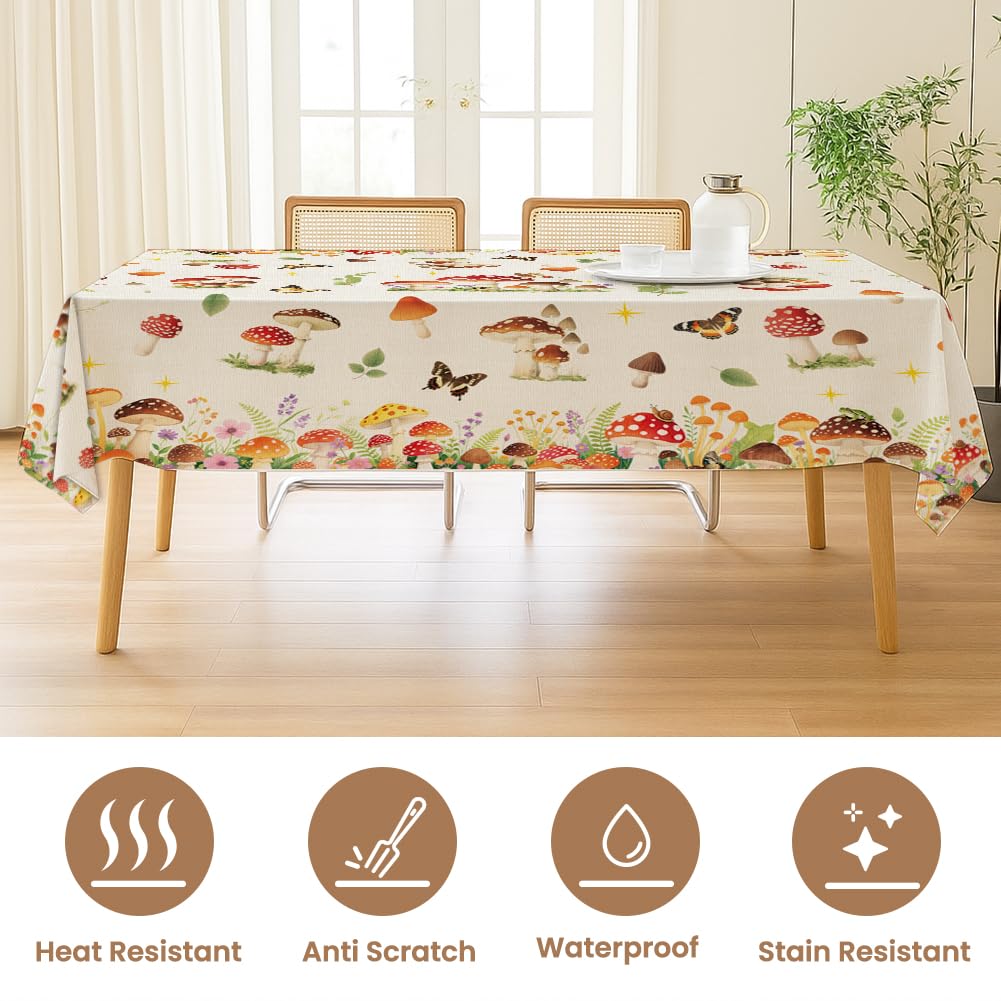 ANATTASOUL Mushroom and Flower Rectangle Table Cloth Waterproof 6ft Fall Spring Summer Tablecloth, 84"x60" Stain Resistant and Wrinkle Free Table Cover for Dining Party Buffet Camping Wedding