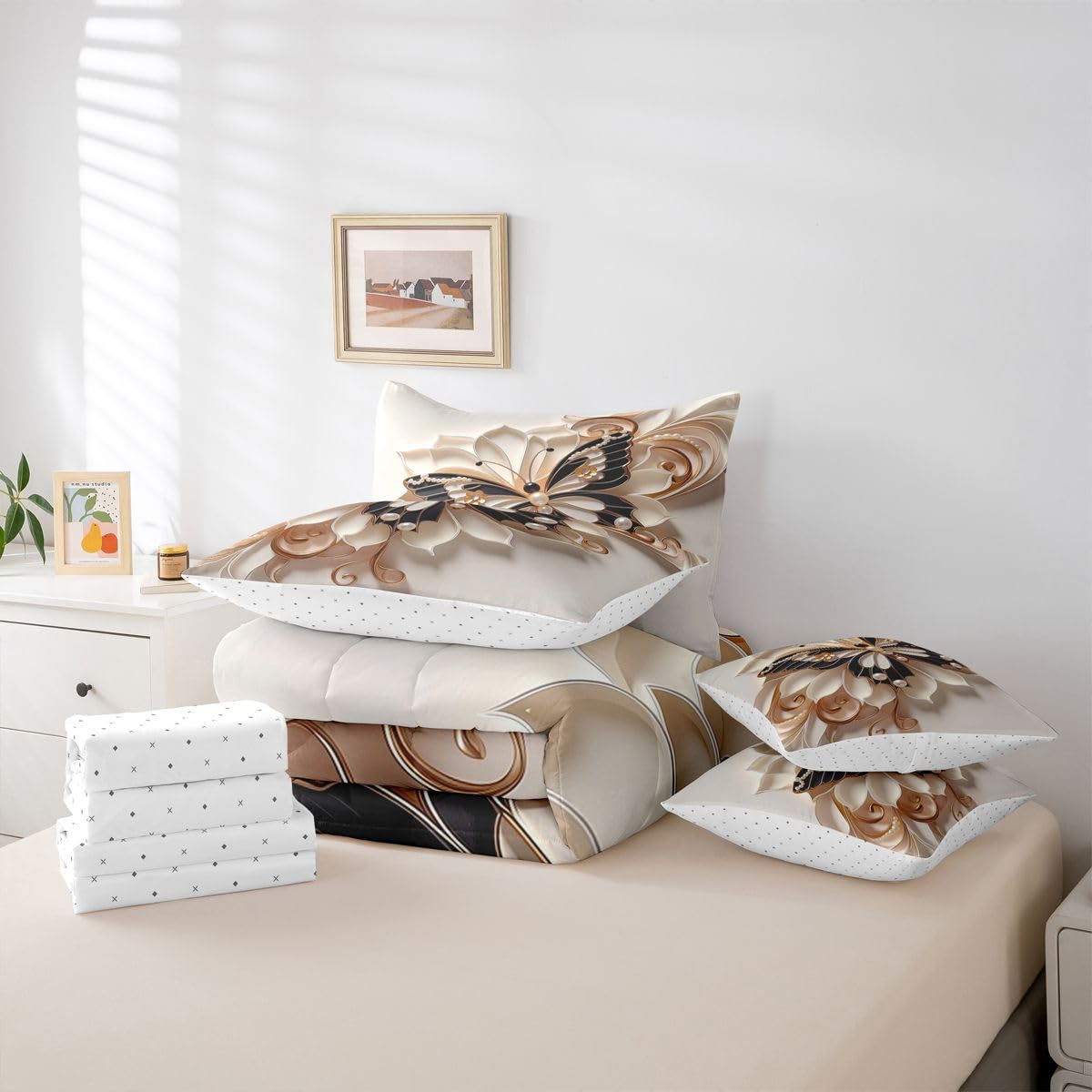 Erosebridal Luxury Butterflies Print 7 Piece Bedding Set Twin Floral Butterfly Print Comforter Set with Sheets Gold Dreamy Bed in a Bag 3D Pearl Flower Bed Sets Comforter