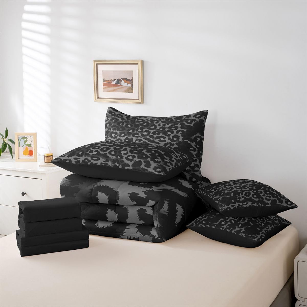 Erosebridal Black Leopard Comforter Set 7 Piece King Size Cheetah Decor Bedding Set for Boys Women Adult Teens Kid African Safari Animal Bed in A Bag Cheetah Wildlife Sheet Sets