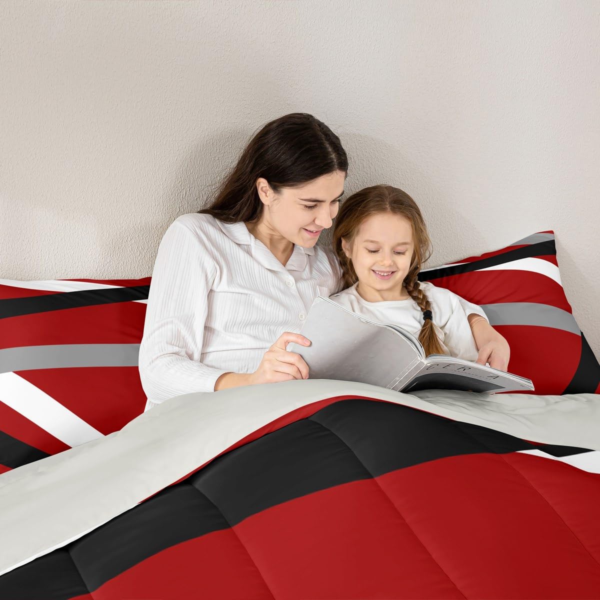 Erosebridal Red Gray Black Striped Queen Comforter Set for Adult Women Men Modern Abstract Bedding Set Geometric Lines Bed Set Aesthetic Boho Quilt Set