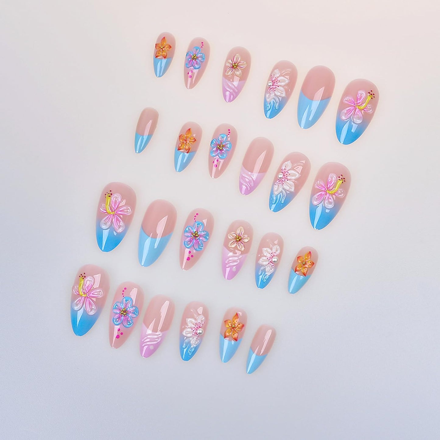 24Pcs Spring Flower Press on Nails Medium Blue French Tip Fake Nails with 3D Floral & Pearl Cute Flower Acrylic Nails Gradient French False Nail Almond-Shaped Full Cover Stick on Nails for Women