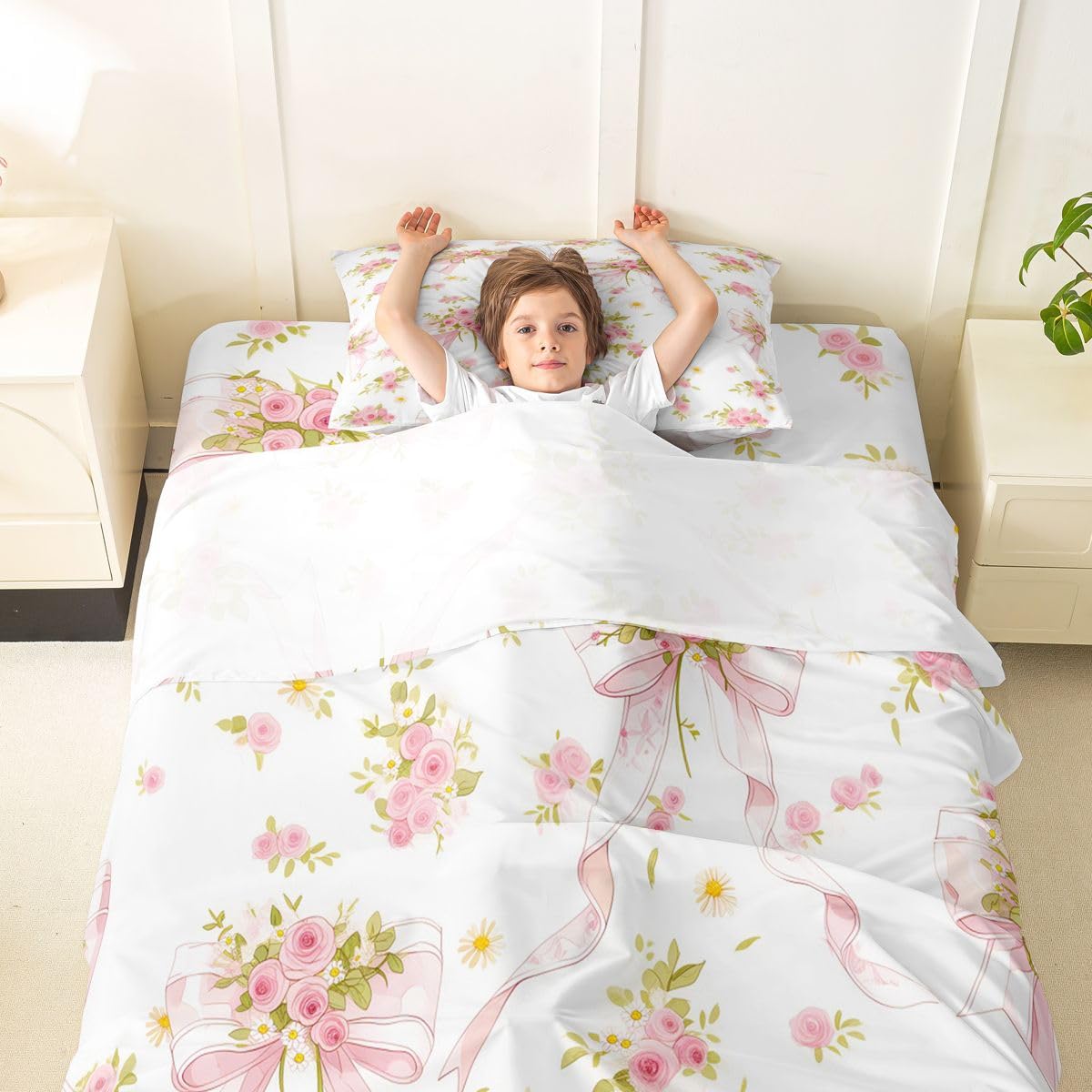 Erosebridal Boho Flowers Leaves Sheet Set Farmhouse Leaf Flower Rustic Twin Sheets Set for Preteen Boys Girls,Cartoon Kawaii Watercolor Bow Bohemian Floral Bow Tie Fitted Sheet