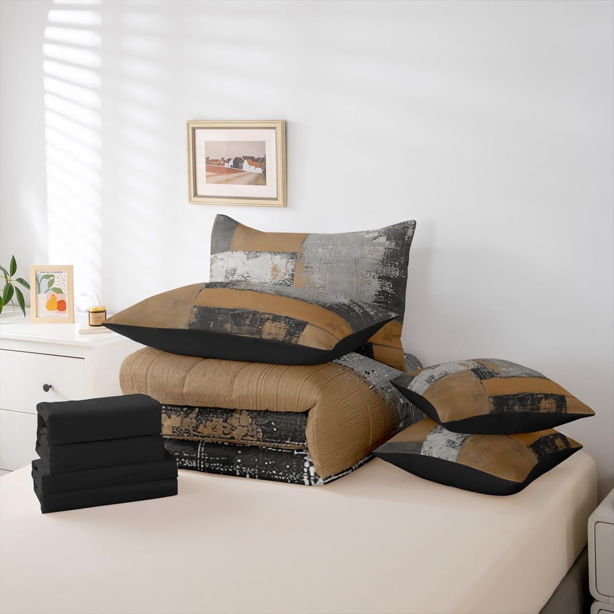 Feelyou Abstract Comforter Set King Size 7 Pieces Modern Abstract Art Bedding Set Luxury Bed in a Bag with Comforter, Sheets, Pillowcases, Cushion Covers Geometric Bedroom Decor Gray Brown