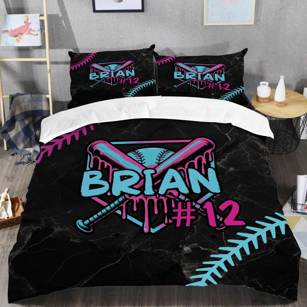 Personalized Baseball Ice Cream Drip Bedding Set with Name & Number, Sports Bed Set for Boys Bedroom Decor, Ultra-soft Lightweight for Teen Boys, Girls, and Sports Lovers (Baseball Ice Cream Drip #4)