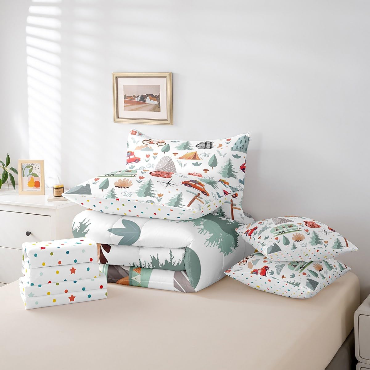 Erosebridal Kids Camper Theme 7 Pcs Comforter Set Twin Bed in a Bag,Happy Camping Bedding Set,Travel Car Rv Accessories Down Comforter,Botanical Flowers Mountain Adventure Quilt,Cute Camper Sheets