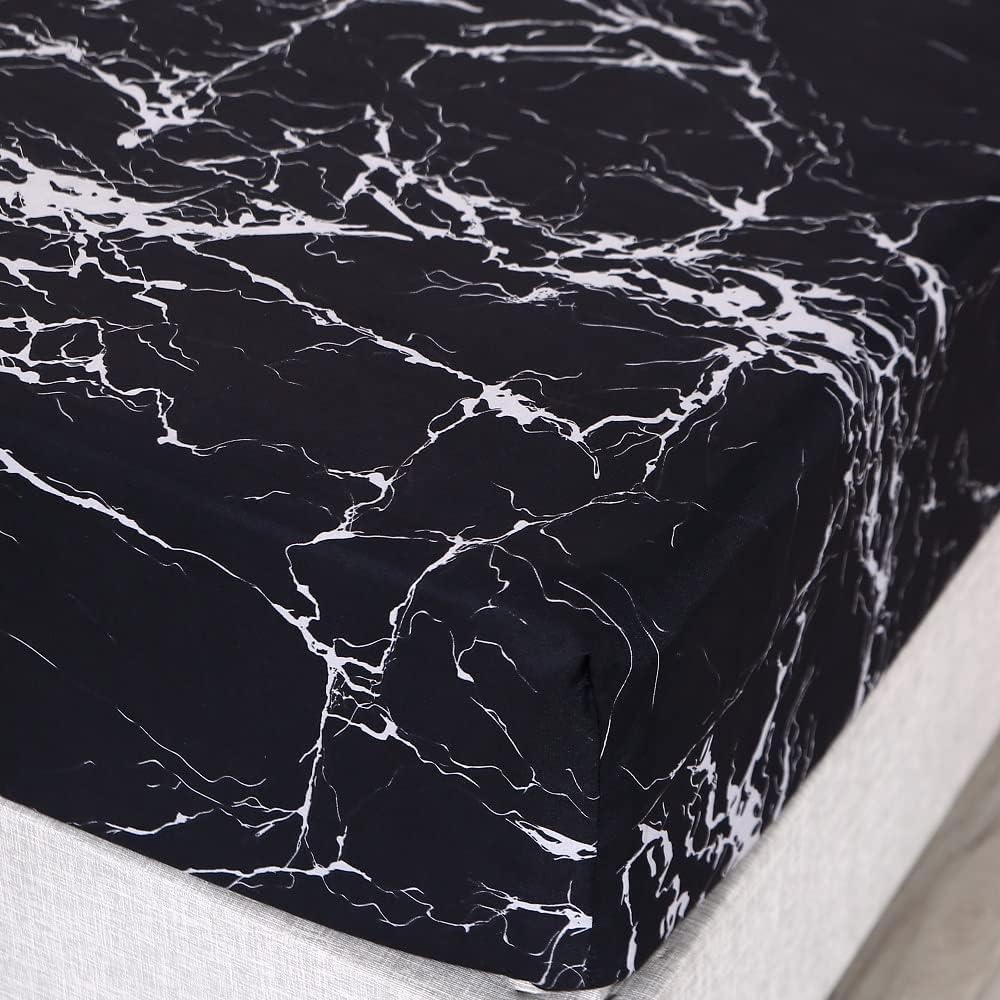 MAG Black Marble, Super Soft Microfiber Bed Sheet 4PC, Marble Bedding Sheet Set Included 1 Fitted Sheet, 1 Flat Sheet with 2 Pillowcases, 14 Inches Deep (Queen, Black)