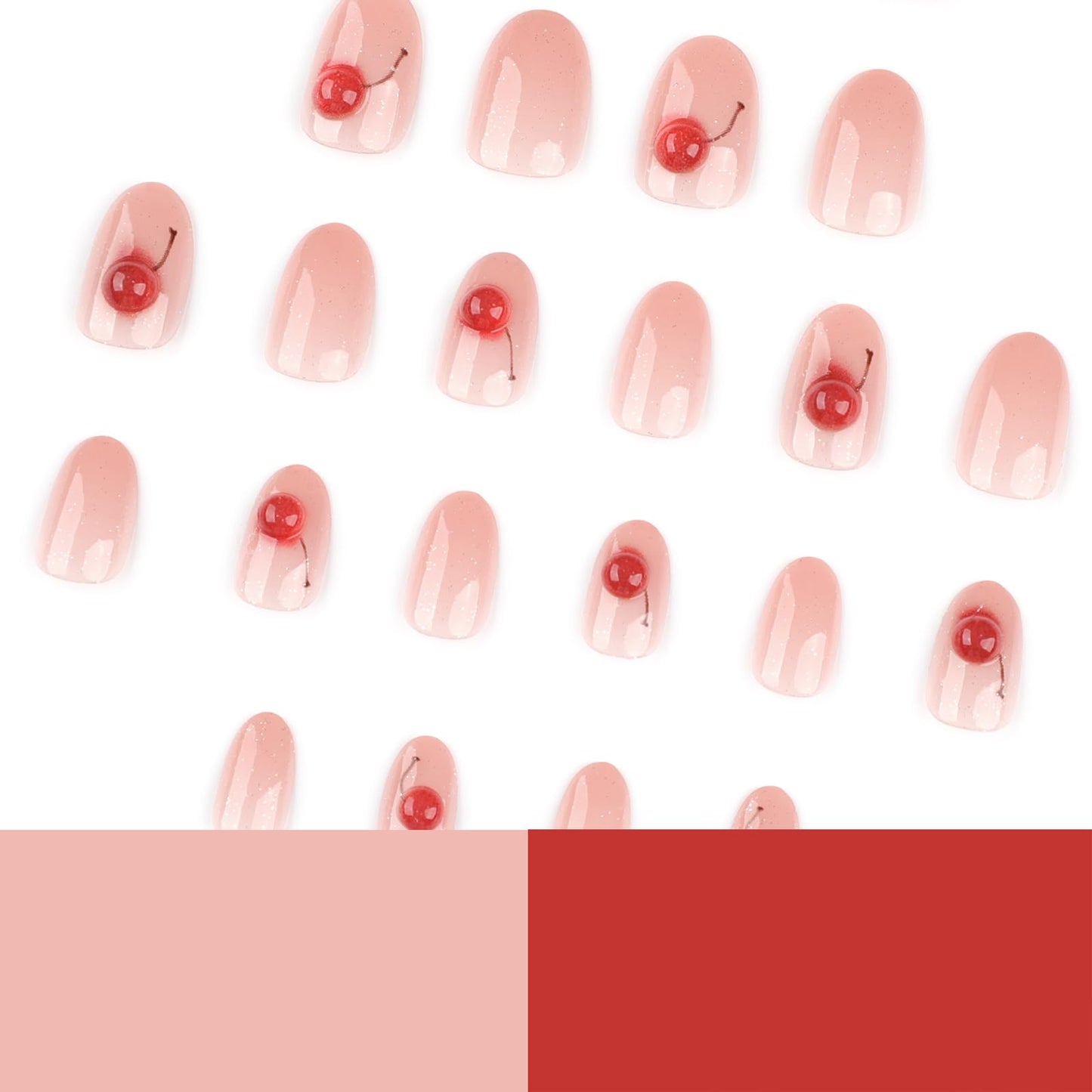 Oval Press On Nails Short – Pink Glitter Jelly Fake Nails with Cherry Accent, Glossy Acrylic Stick On Nails, Reusable 24PCS False Nails Kit with Glue & Tools for Women