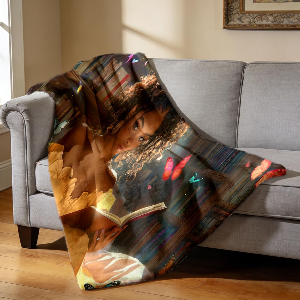 ZHOUSHUTONG Black Woman Reading Book Flannel Throw Blanket Cozy Warm Colorful Book Butterfly Blankets Lightweight Fuzzy Soft African American Girl Flannel Blanket for Couch Bed Sofa Girls 49"x59"