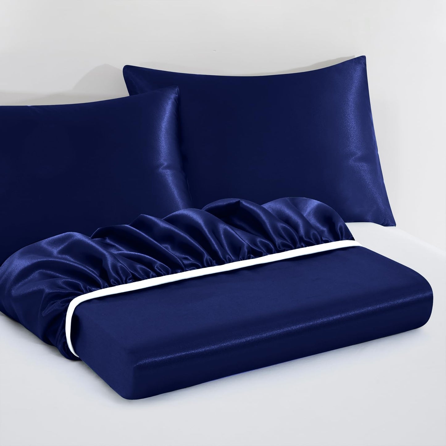 VACVELT 3pcs Extra Deep Pocket Satin Fitted Sheet Set King Bed Set, Navy Blue Bottom Sheet Fit 18-24 Inch Deep Pocket Mattress, Silky Bedding Set Soft & Ultra Deep Fitted Sheet + 2 Pillowcase