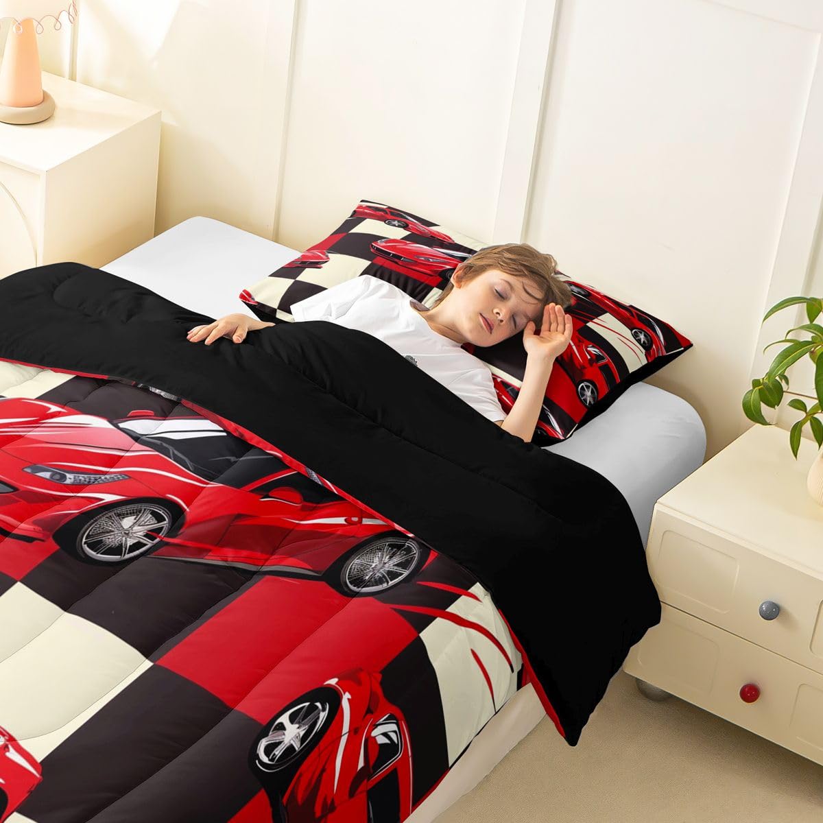 Erosebridal Red Racing Car Full Comforter Set for Boys, Cool Speed Race Car Bedding Set for Kids Youth Men Teens Room Decor, Extreme Sport Comforter, Grid Buffalo Quilt, 3 Piece