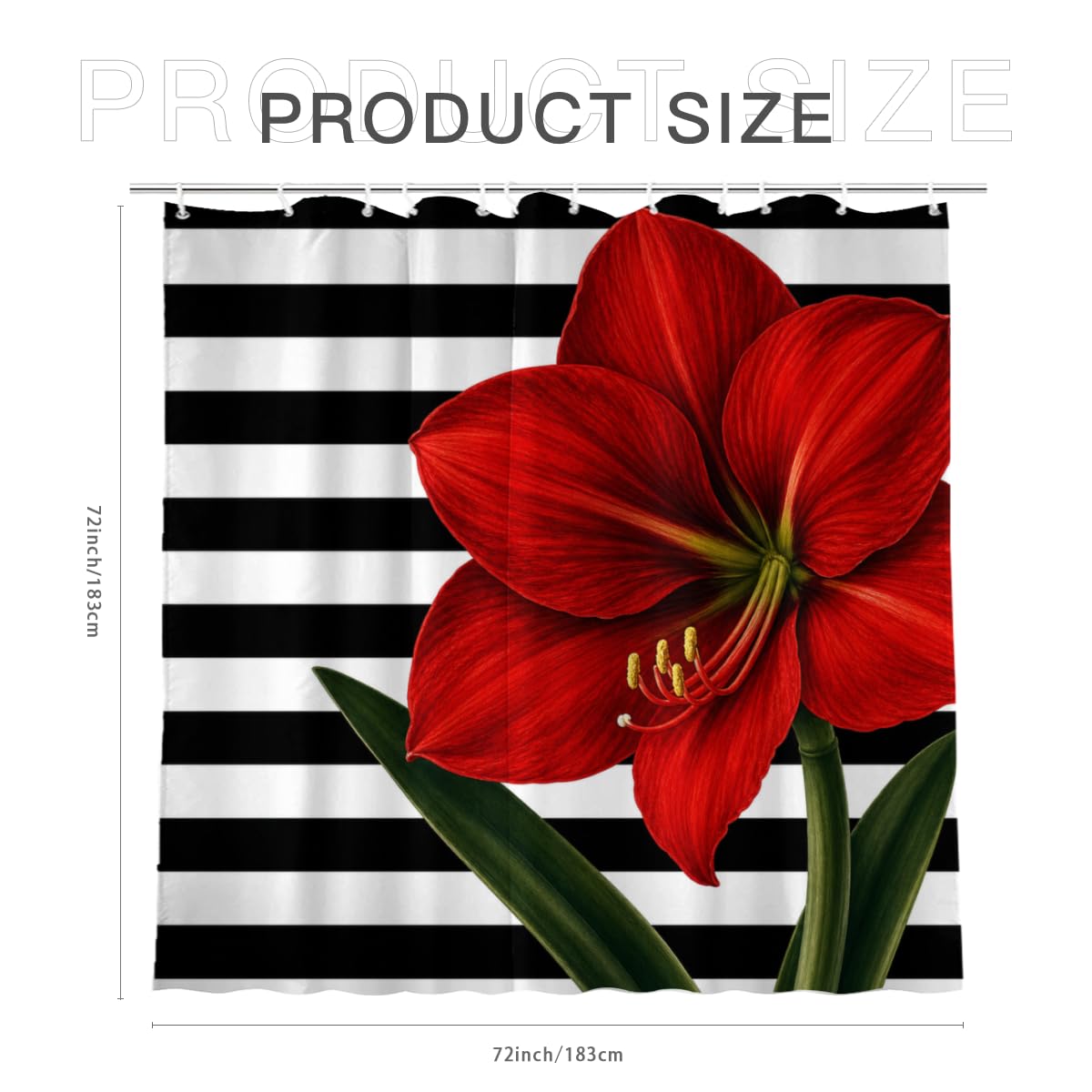 TopPacific Red Amaryllis Stripe Shower Curtain 72x72 Inch Shower Curtain with 12 Hooks Polyester Red Amaryllis Flower Green Leaves Black White Stripes Bathroom Decor