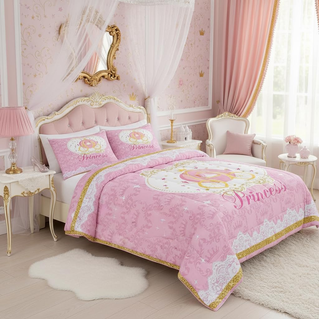 Homewish Girls Pink Theme Twin Size Comforter Set,Kids Carriage Decor All Season Bedding Set,Teens Princess Style Comforter,Children Cute Cartoon Decor Quilt Set Bedroom Collection 2Pcs