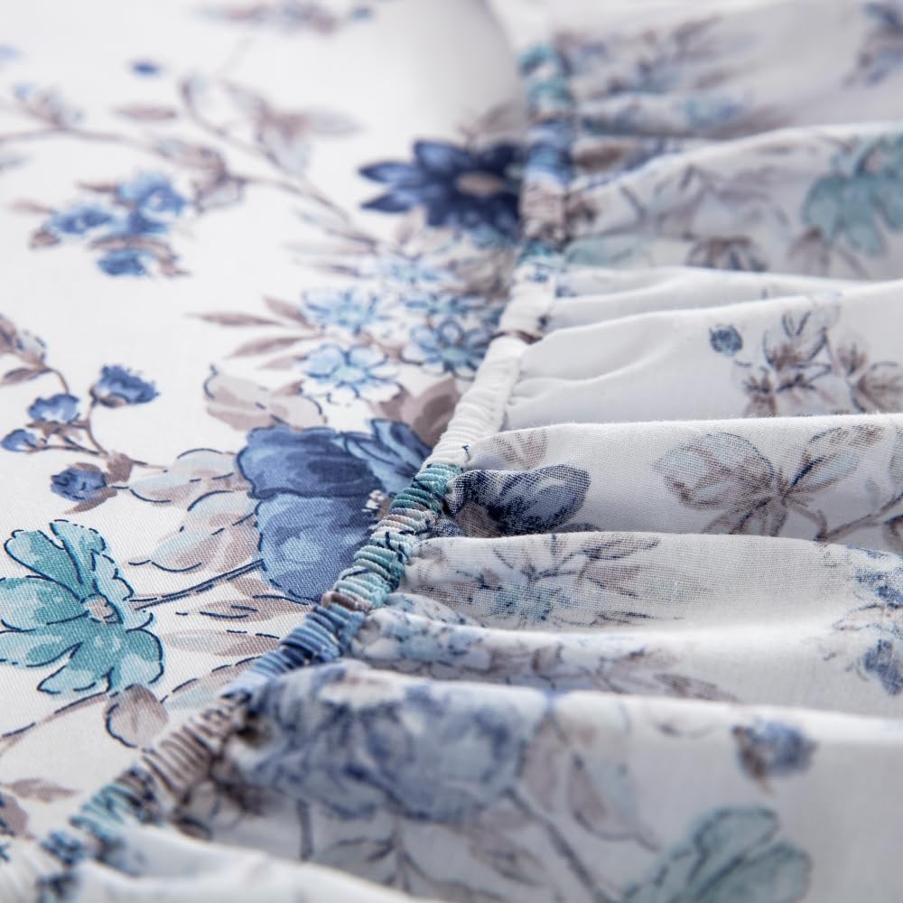 DAUAOTO King Size Printed Sheets Set, 100% Cotton Bedding Sets, Up to 14" Deep Mattress, Floral Pattern Bedlinen Set, French Blue