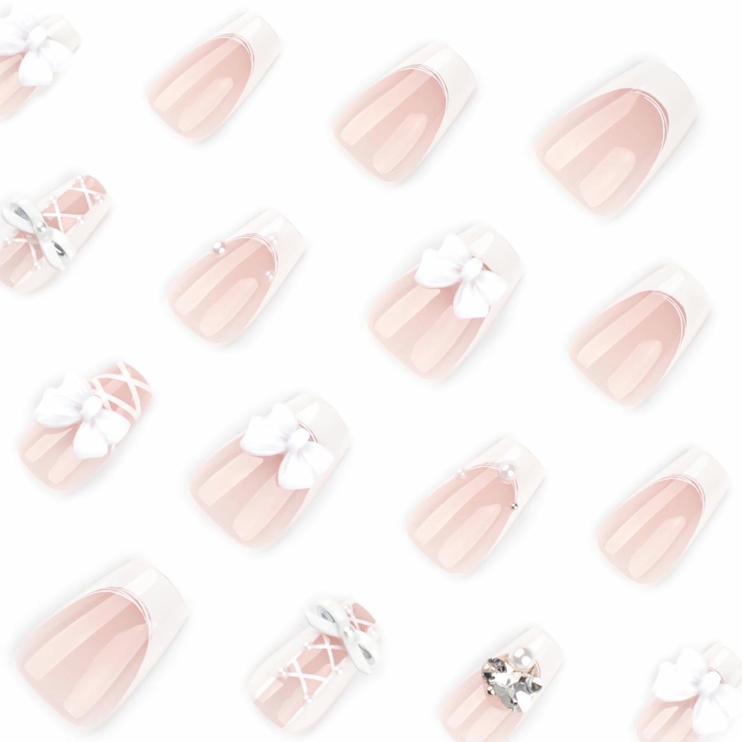 BABALAL Acrylic Press on Nails Medium Coffin Fake Nails - White French Tip, Bow Charm & Shiny Rhinestone Luxury Design, Handmade Manicure 24Pcs Full Cover False Nails