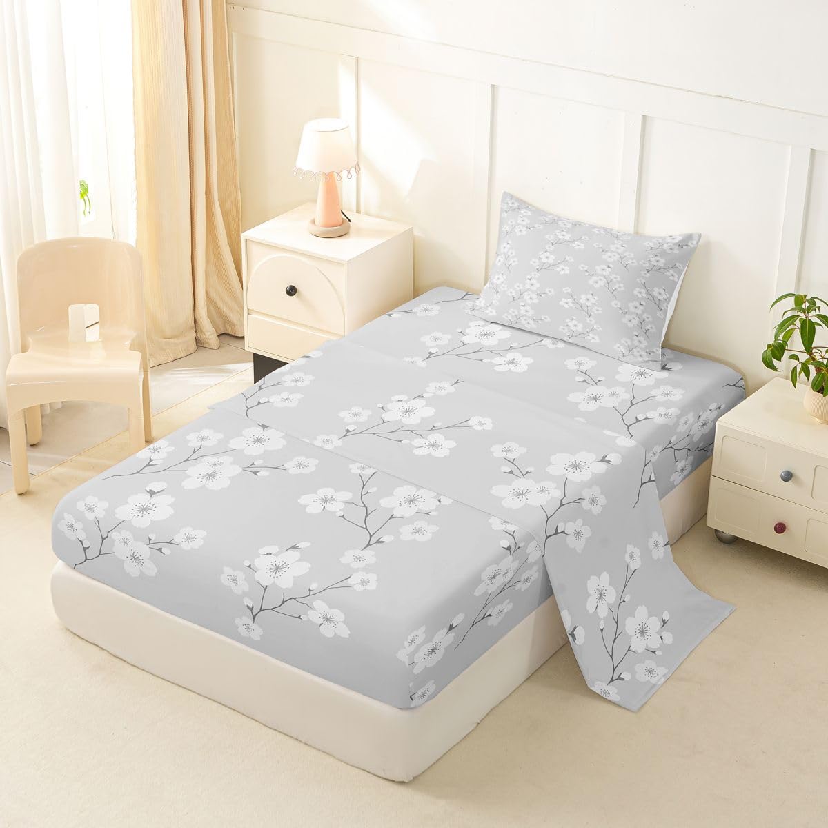 Erosebridal Plum Blossom Branch Bed Sheets Set Twin Rustic Farmhouse Cabin Sheet Set Grey White Botanical Sheets Floral Print Flat Fitted Sheet