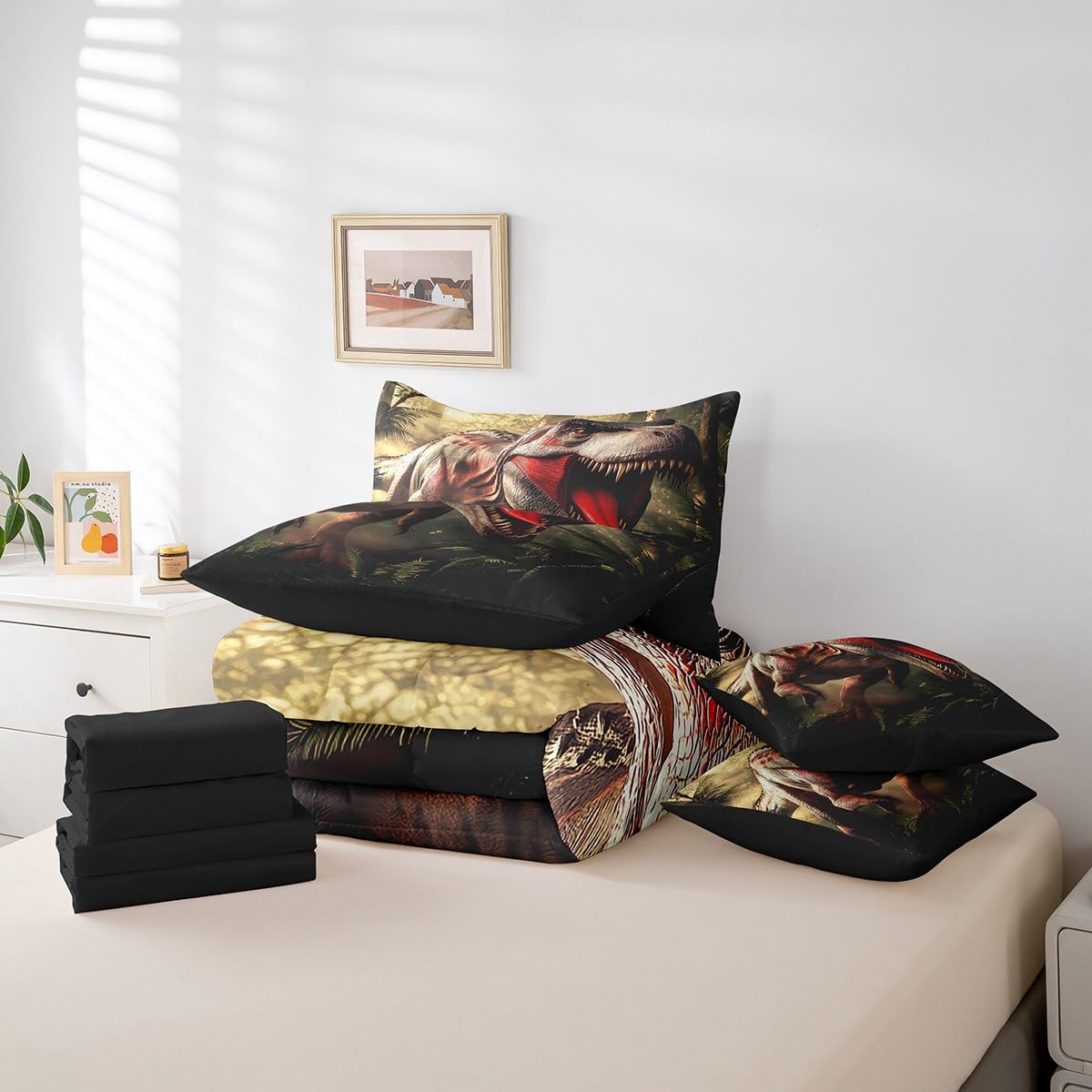 Erosebridal Dinosaur Queen Bedding Set - Fierce Animal Bed in A Bag,Forest Jungle Theme Comforter Sets with Sheets, Wild Animal Print 7 Pieces Bed Set Bedroom Decor