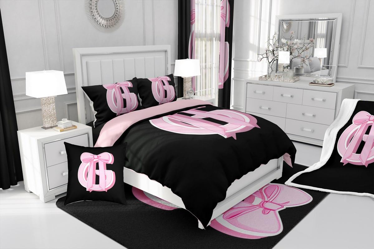 jejeloiu Kids Girls Black Pink Bow Comforter Set with Sheets Twin Size Monogrammed 7 Piece Bedding Set Personalized Initial G Bed in a Bag with Comforter,Sheets,Pillowcases Modern Fashion Bed Set