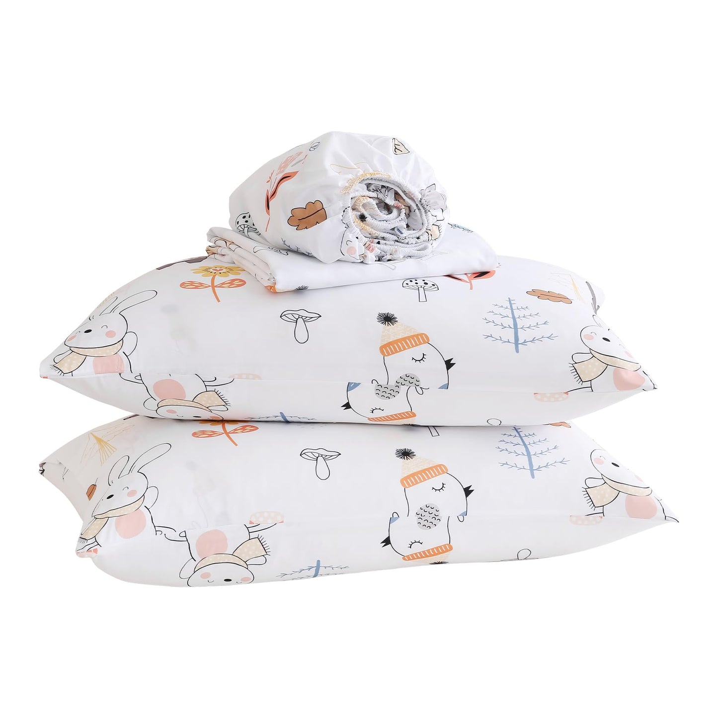 Yibeizi Woodland Animals Sheet Set Twin, Kids Forest Floral Camper Themed Print Bedsheets Microfiber Deep Pocket Cute Patterned Bed Sheet & Pillowcase Sets 3 Pieces