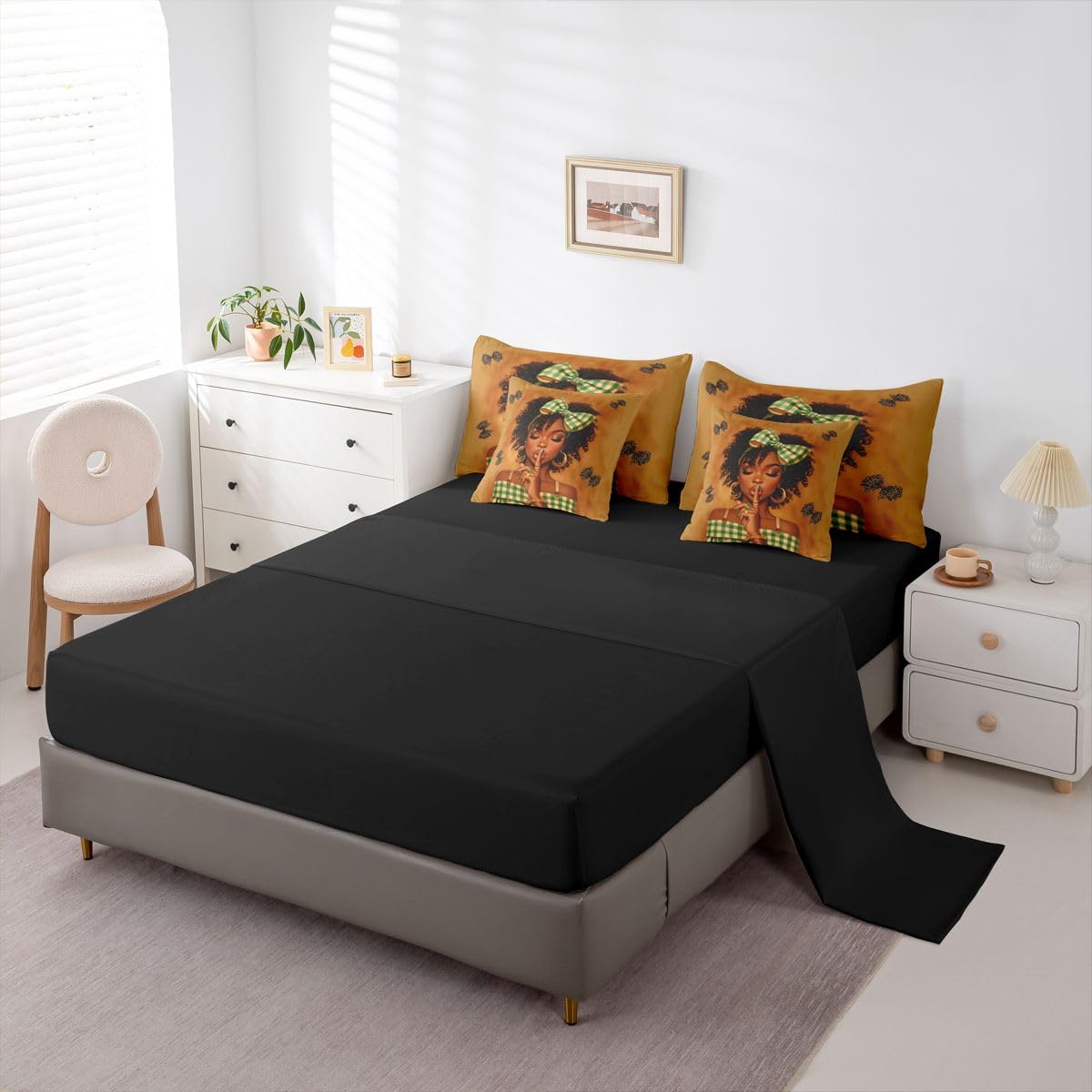 Erosebridal Cute Bow Black Girls Queen Bedding Set Green Geometric Grid Comforter Set with Flat and Fitted Sheet Leopard Print Bowknot 7-Piece Bed in a Bag Coquette Cheetah Bows Quilt Sets