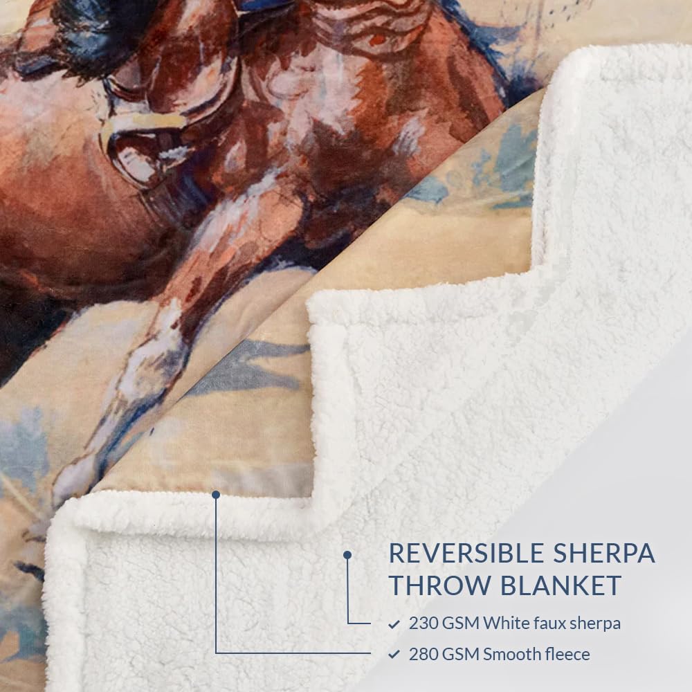 Indigo Hill by HiEnd Accents Buster 3 Piece Sherpa Western Throw Blanket Set, Cowboy Horse Print, Cream Blue Fleece Western Blanket with Pillows, Rustic Southwestern Style, 1 Throw and 2 Pillows