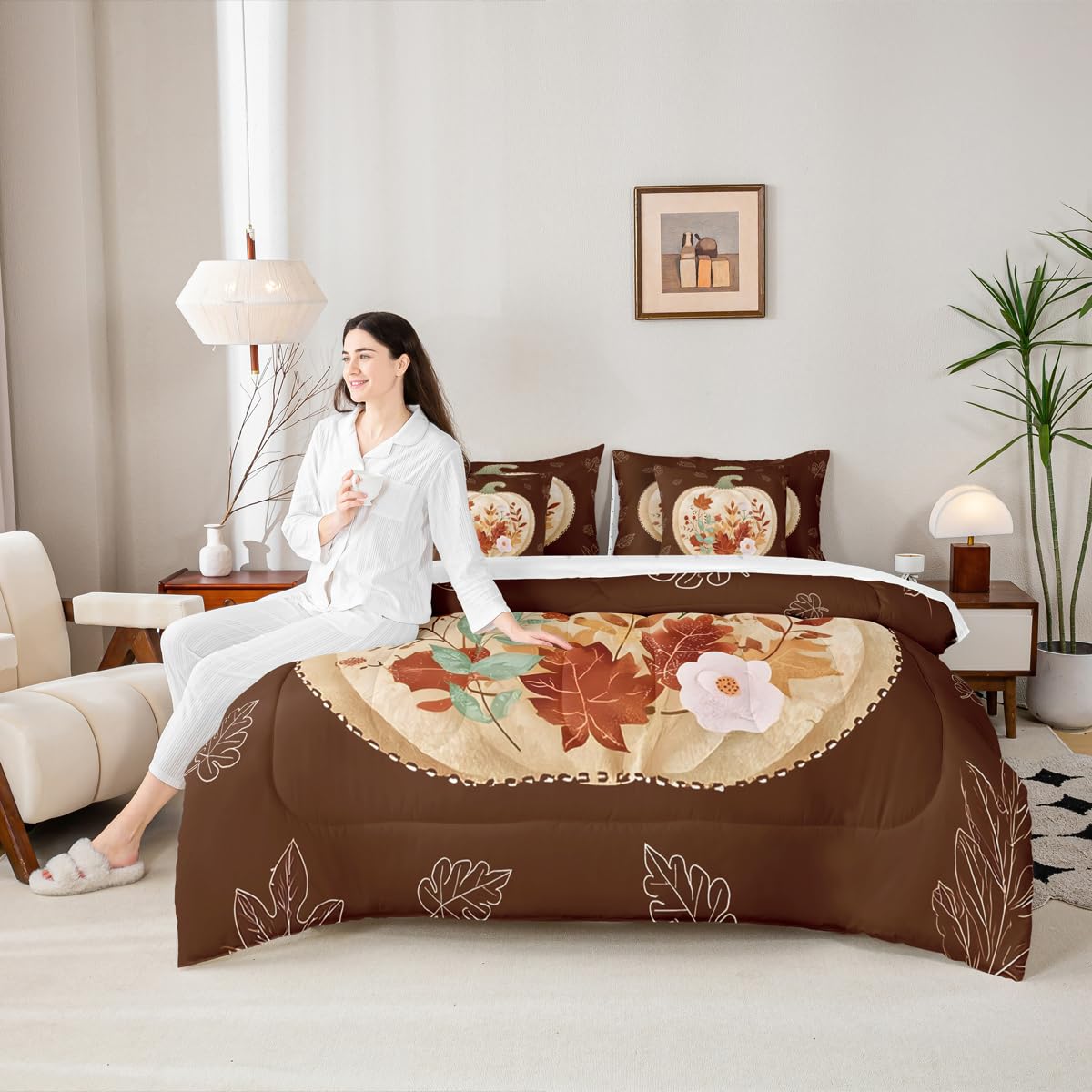 jejeloiu Fall Harvest Comforter Set with Sheets 7 Piece Twin Size Autumn Leaves Bedding Set for Kids Boys Girls Autumn Harvest Theme Bed in a Bag Room Decor Soft Lightweight Microfiber