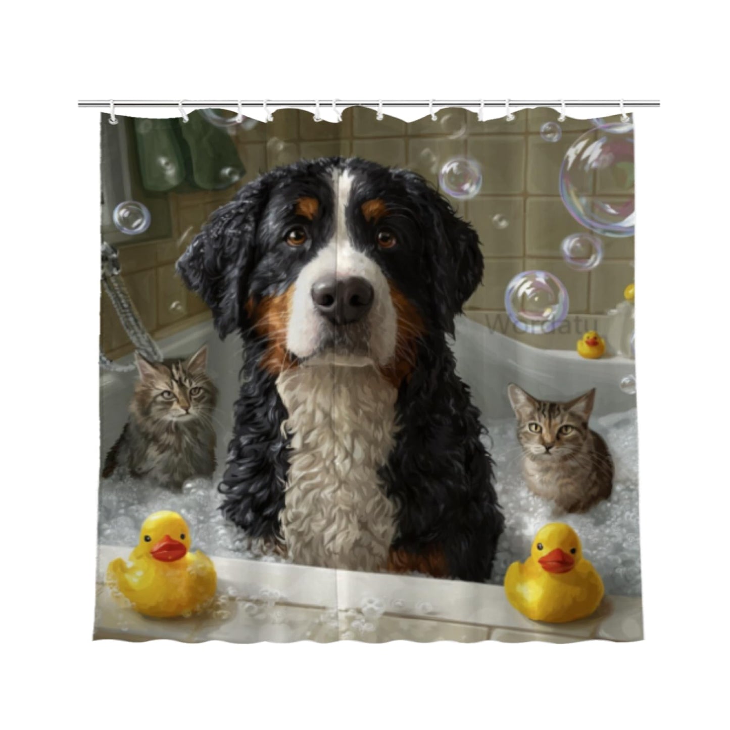 Wordatu Bernese Mountain Shower Curtain Bathroom Set 72X72 Inches Funny Cat Lovely Animals in Bathtub for Boys Bath Farmhouse Art Home Decor Fabric 12 Hooks