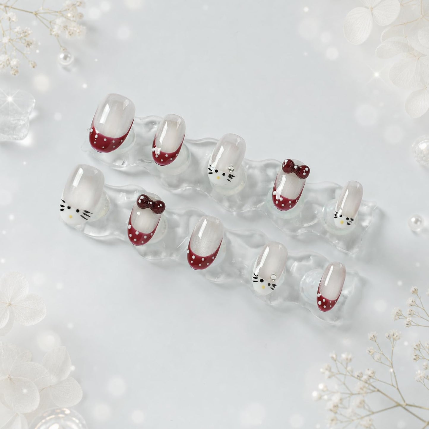 Tesytto Handmade Press on Nails Short Oval – Kawaii Cat Face 3D Bow Rhinestone Charm, Burgundy Gray Glitter French Tip False Nails, 10 Pcs Reusable Acrylic Nails (Cute Cat Polka,M)