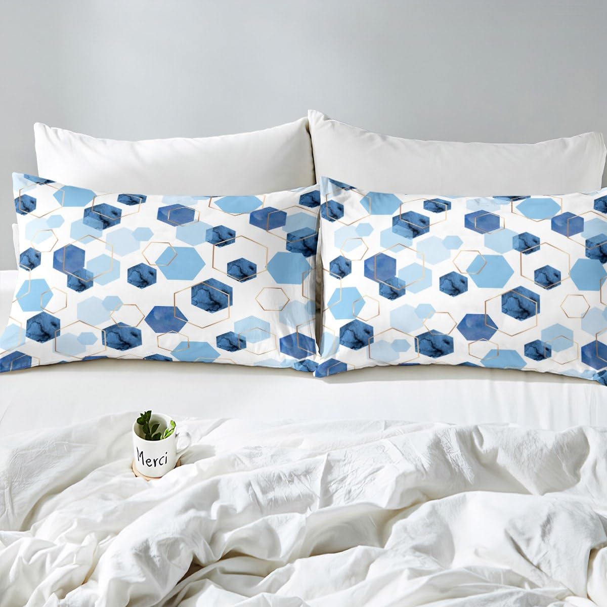 Erosebridal Hexagon Bedding Sets Queen Navy Blue Comforter Cover, Watercolor Honeycomb Bed Set Abstract Tie Dye Duvet Cover, Luxury Gold Hexagon Quilt Cover Microfiber (Zipper Closure)