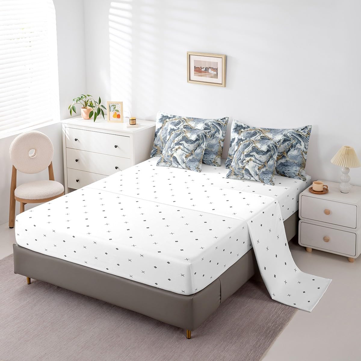 Erosebridal Marble 7 Pcs Comforter Set Queen Size Ink Fluid Bedding Modern Marbling Art Bed in A Bag for Boys Men Teens Luxury Stone Liquid Blue Gold Abstract Bed Set