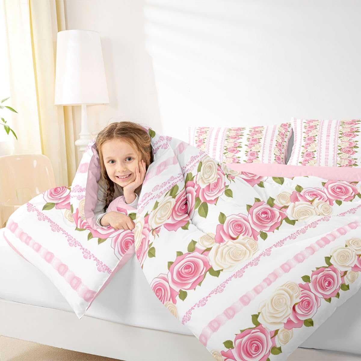 jejeloiu Pink Rose Comforter Set All Season Romantic Flower Floral Bedding Set with 1 Pillow Cases Farmhouse Microfiber Kids Toddler Bedclothes Bedroom Decor Duvet Quilt Breathable Soft Lightweight