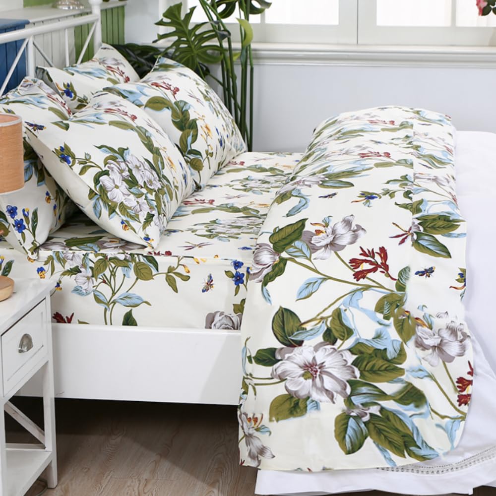 FADFAY Shabby Floral Sheets California King 100% Cotton 600 TC White Flower and Green Leaves Bedding Vintage Garden Botanical Print Country Side Bed Sheet Soft Hypoallergenic Deep Pocket Sheet 17.5''