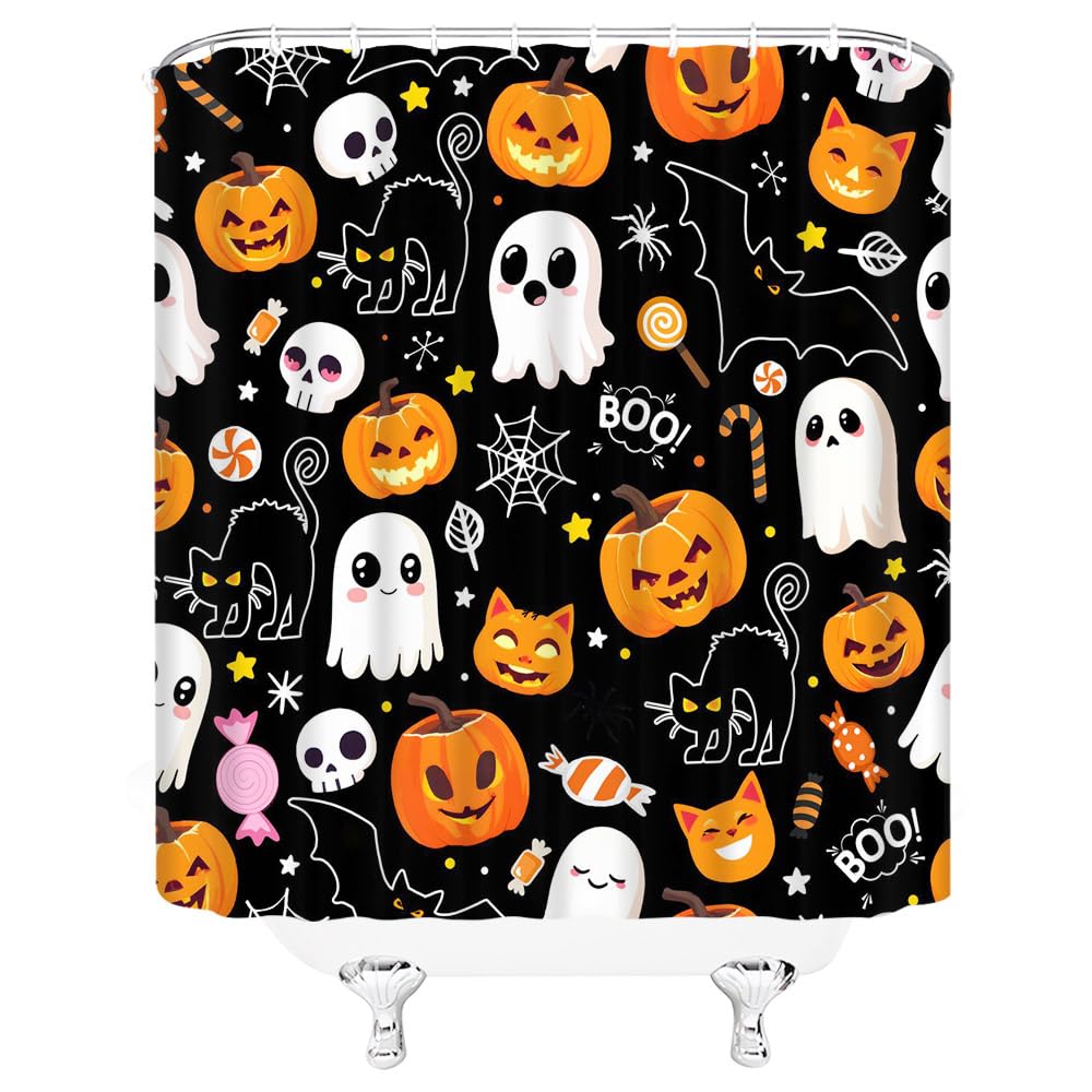 YSSFAV Halloween Ghost Shower Curtain Cute Halloween Spooky Pumpkin Black Cat Bat Spider Bathroom Decor Curtains Set with Hooks, 70" W x 70" H