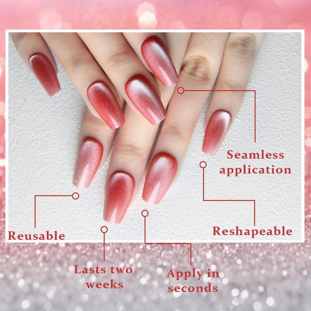 evpct No Glue Red Pink Cat Eye Coffin Press on Nails Square Medium, Medium Square Stick on Nail for Women, Red Pink Metallic Glitter Glossy Reusable Summer Soft Press on Acrylic Fake Nail with Design