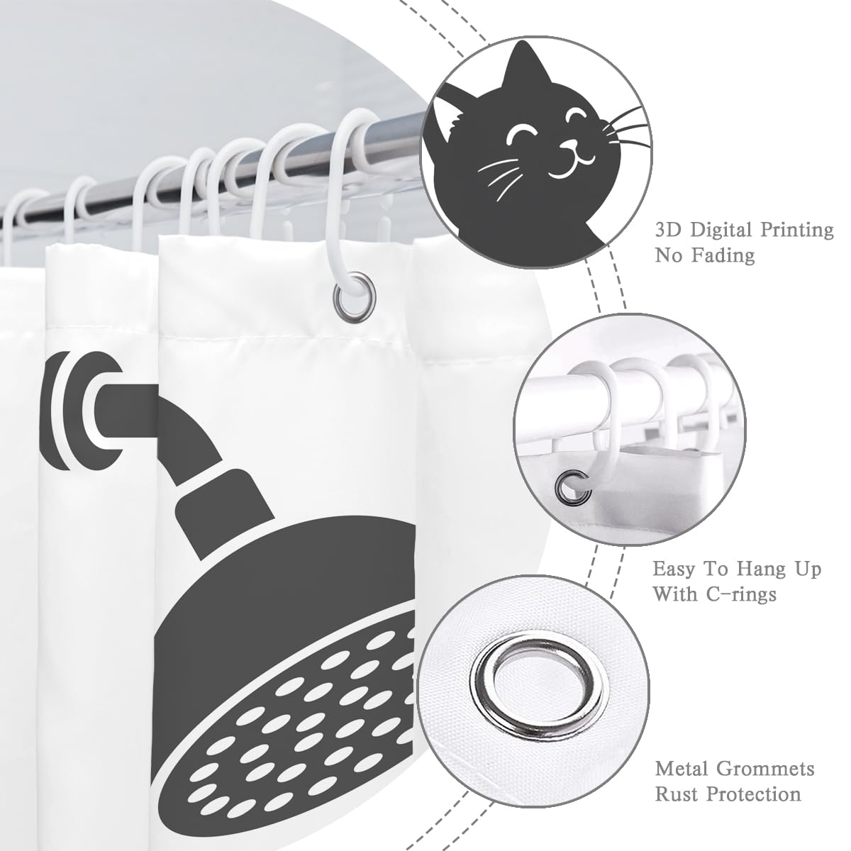 BIYSUC Dinosaur Shower Curtain Funny Dino Cat for Kids Boys Trex Silhouette Animal Shadow Cartoon Black White Bathroom Waterproof Polyester Fabric 72Lx72W Inch with Hooks