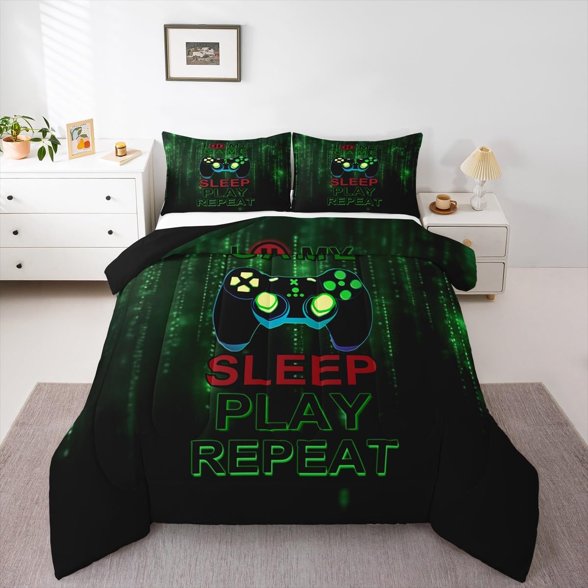 jejeloiu Gamer Comforter Set Twin Size Gaming Bedding Set for Kids Boys Girls Video Game Duvet Quilt Game Room Decor Bedroom Decor Microfiber 2 Pcs with 1 Pillow Cases