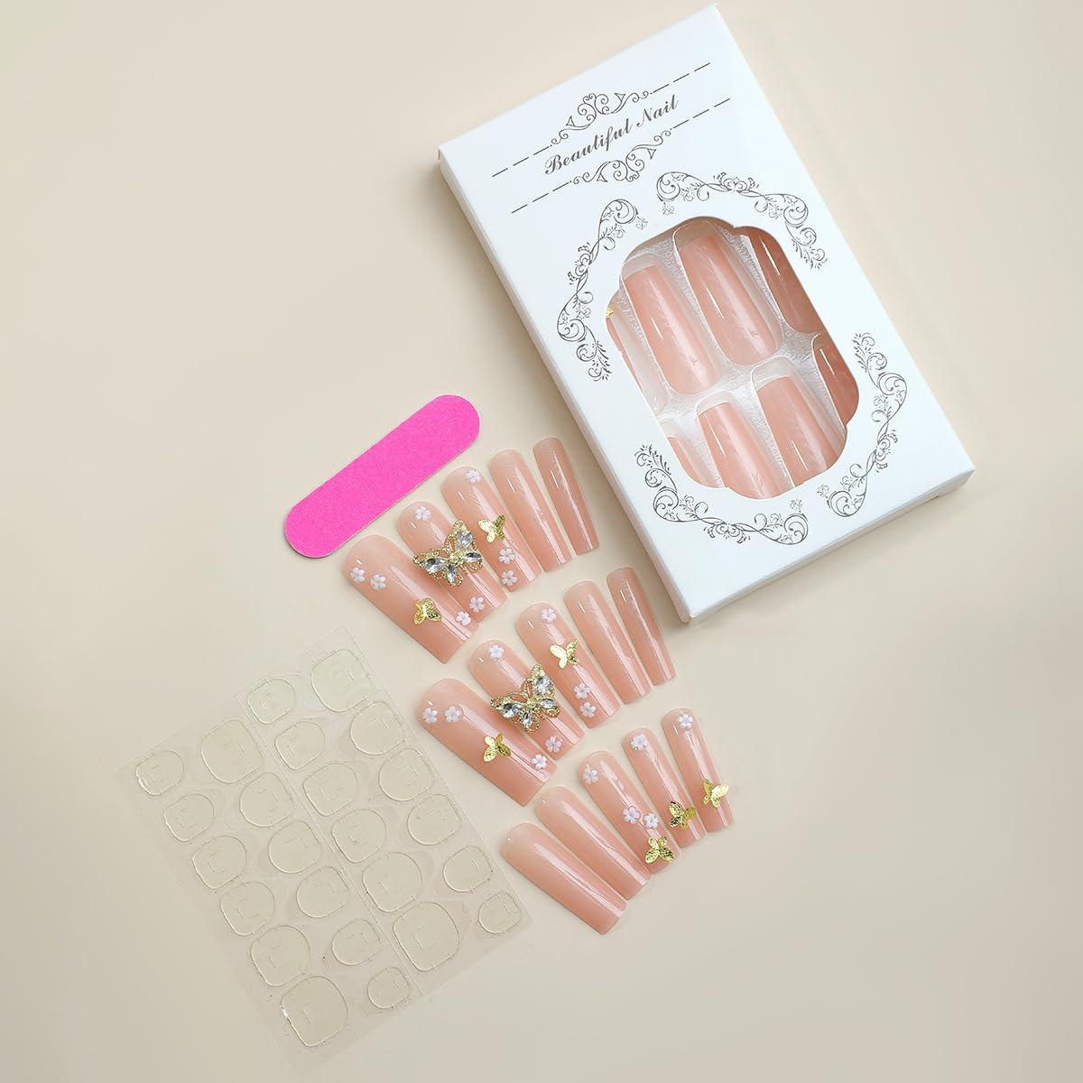 RTKHFZE Press on Nails Long Square Fake Nails Pink Acrylic Nails with Flower Rhinestones And 3D Butterfly Designs False Nails Full Cover Stick on Nail Glitter Artificial Nail for Women Manicure