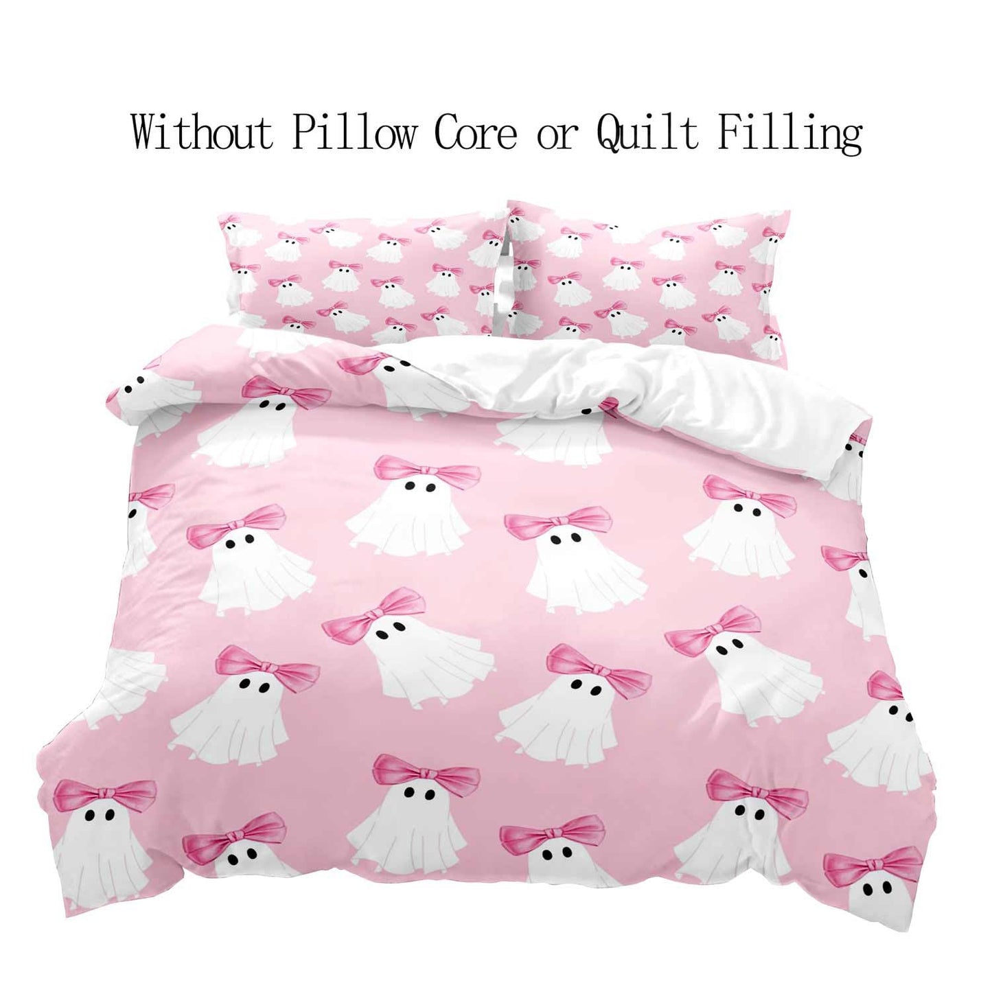LUVIVIHOME 3PCS Pink Bow Kawaii Ghost Duvet Cover Queen Bedding Set, Teen Girl Bedding, Light Pink Duvet Cover, Halloween Spooky Cute Kids Comforter Cover, Coquette Room Decor Aesthetic 2 Pillow Cases