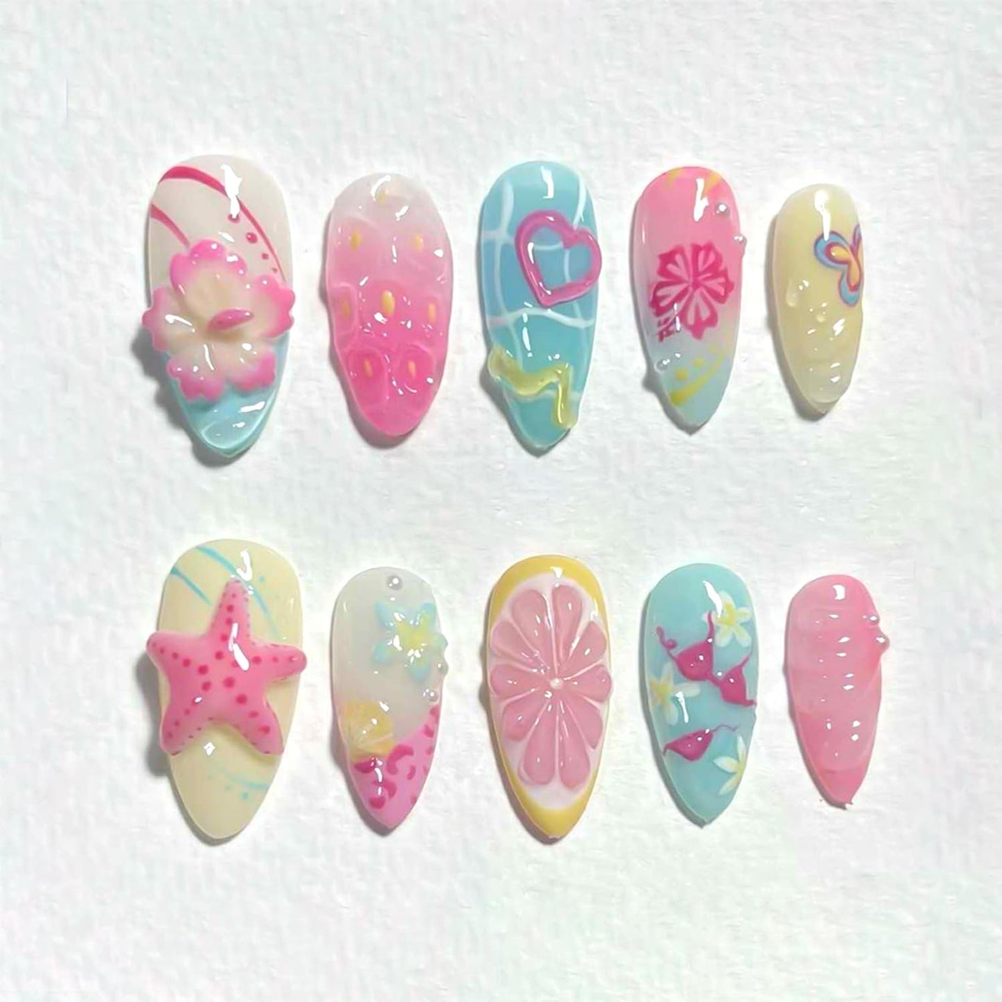 24Pcs Summer Colorful Press on Nails Medium Almond Fake Nails 3D Cute Flower Fruit with Pearl Design,Beach Starfish False Nails Full Cover Glue on Nails Artificial Acrylic Nails Handmade DIY for Women