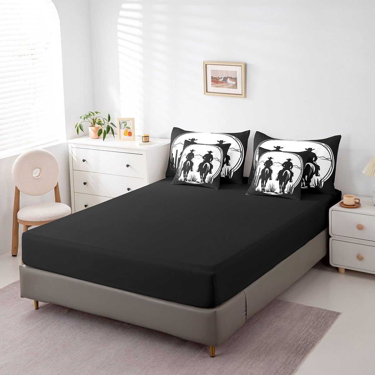 jejeloiu Western Decor Comforter Set with Sheets Twin Size Kids West Cowboy Horse 7 Pieces Bedding Set Boys Girls Teens Black White Bed in a Bag Breathable Rodeo Cowboy Cactus Bed Set Room Decor