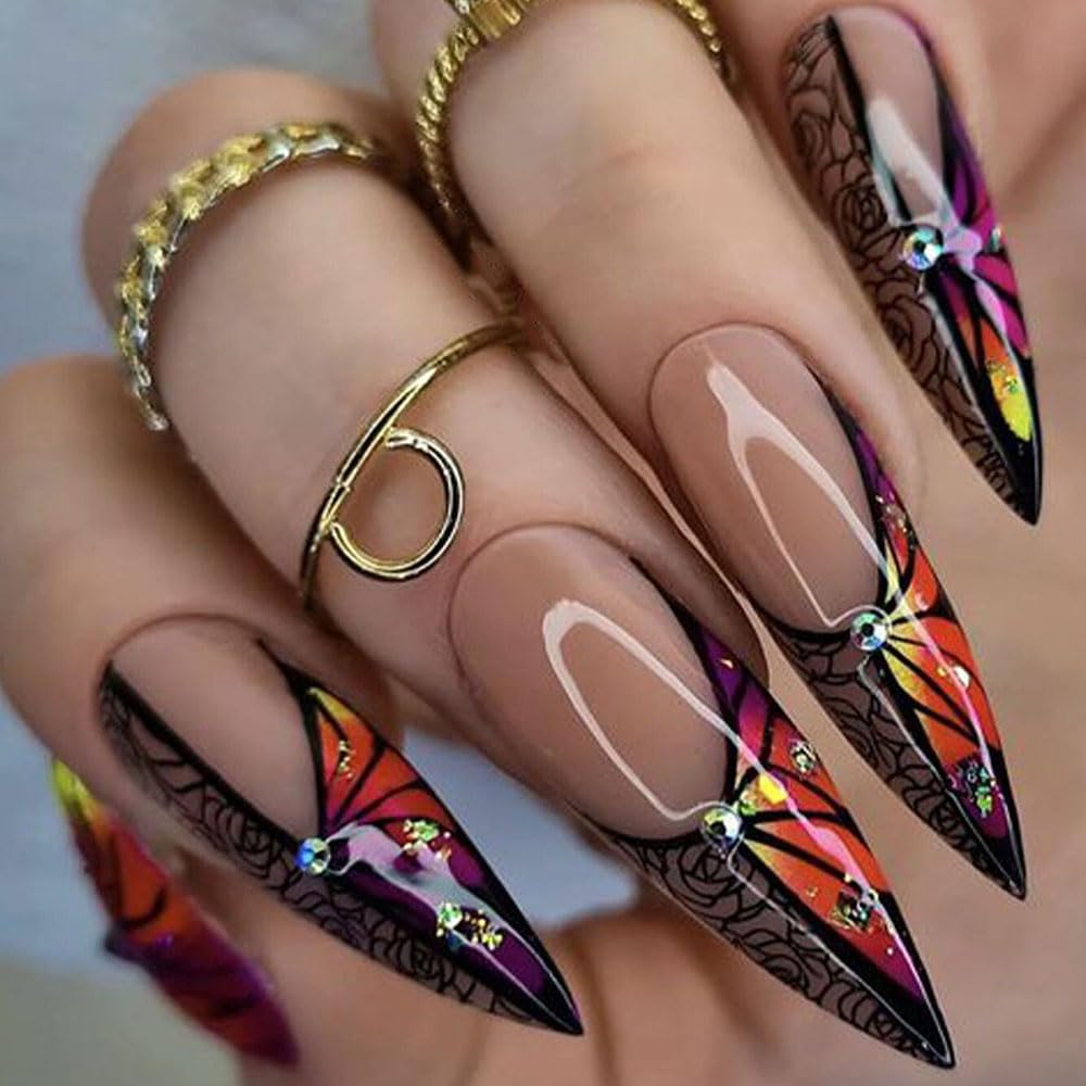 Nude Press on Fake Nails Medium Almond with Black Rose Design, Press on Nails Rheinston Design Reusable Manicure for Women Girls, Perfect Fit Stick on Nail Press ons Glossy Finish, 24Pcs